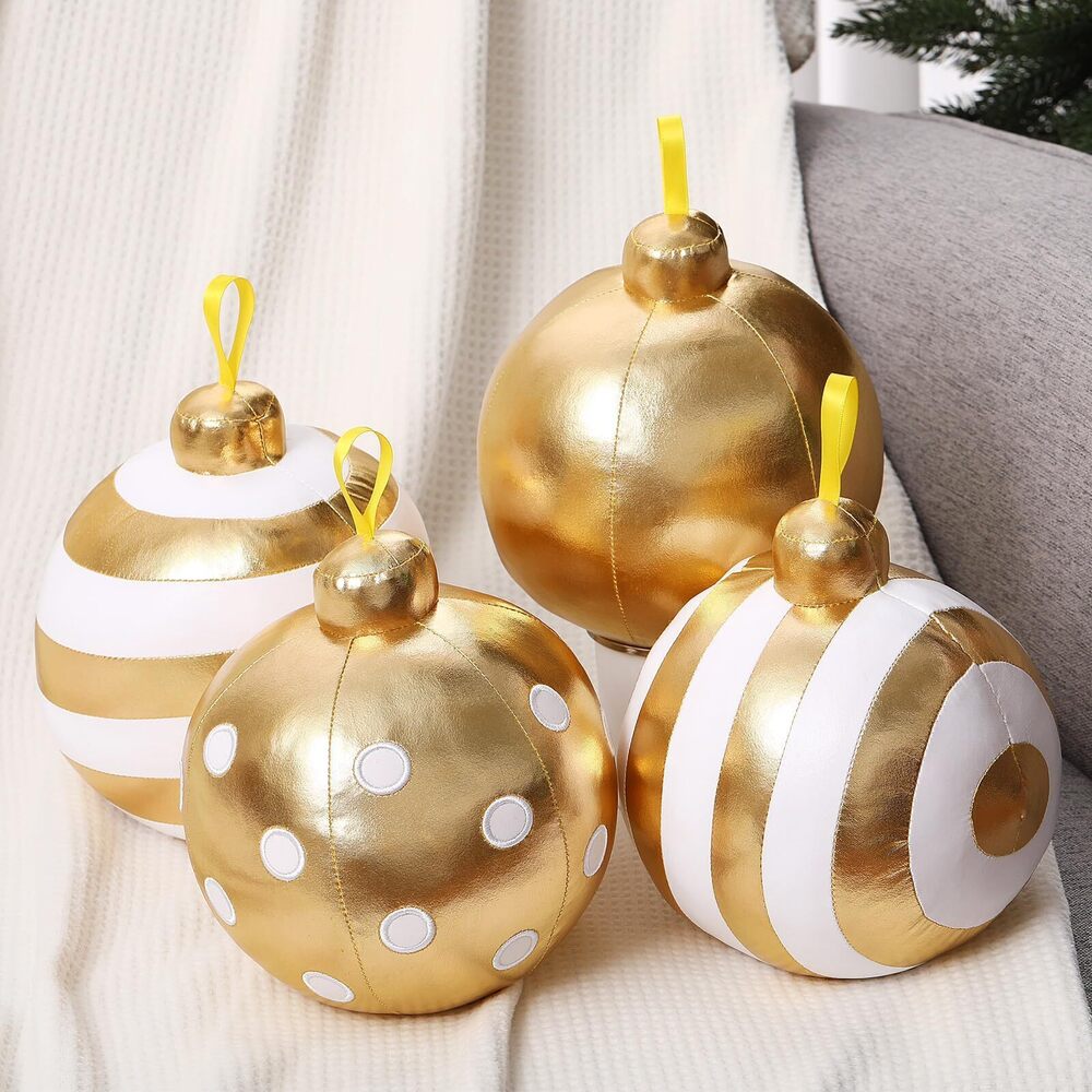 8158 4 Pcs White and Gold Christmas Ball Pillows 6 Inch Round Xmas Throw 3D